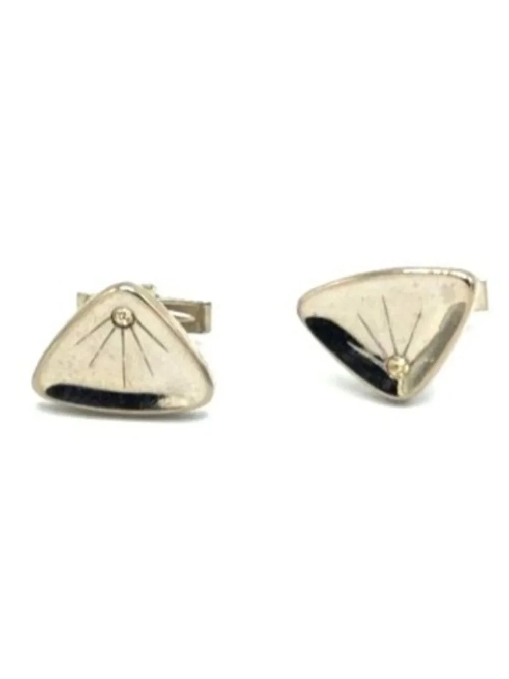 Vintage Silver Tone Triangle Shaped Cuff Links With Crystal Accent